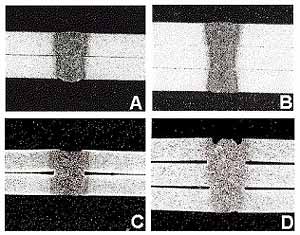 Fig.2. Lap joints a) 2 x 0.8mm uncoated at 8m/min b) 3 x 0.8mm uncoated at 5.5m/min c) 2 x 0.8mm Zn-coated at 7 m/min d) 3 x 0.8mm Zn-coated at 4.5m/min