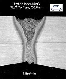 Fig.9. Hybrid Yb-fibre laser - MAG weld completed in 8mm thickness X60 pipeline steel welded in the vertical-up welding position