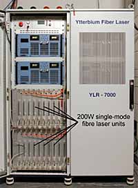 Fig. 1. A 7kW Yb-fibre laser, comprising 200W single-mode fibre modules, and its optical set-up at TWI Ltd