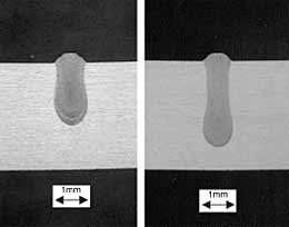 Fig. 3. Cross-sections of melt runs completed in 5083-O aluminium alloy using a laser with a beam parameter product of 7mm.mrad at a welding speed of 15m/min, using 4000W of laser power at the workpiece and a spot size of0.34mm (left) and 0.20mm (right) positioned on the material surface