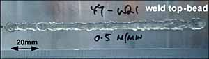 Fig.2. Weld bead appearance of a fully penetrated autogenous laser weld in 12.7mm 7xxx aluminium alloy produced in the PF welding position at a welding speed of 0.5m/min