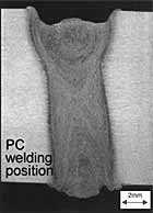 Fig.3. Cross-sections of fully penetrated autogenous laser welds in 12.7mm 7xxx aluminium alloy produced in the PC and PF welding position at a welding speed of 0.5m/min