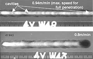 Fig.6. Fully penetrating melt runs produced in 12.7mm thickness 7xxx aluminium produced with hybrid laser-MIG at various welding speeds