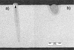 Fig.8. Cross-sections of welds produced using a 2mm.mrad YLR-4000 Yb-fibre laser at 4kW (at the workpiece), a 200µm focal spot and a welding speed of 5m/min: a) with argon side-jet, with argon cross-jets; b) with argon side-jet, without argon cross-jets