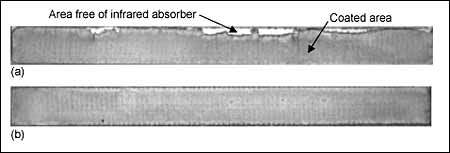 Fig.6. Infrared images of weld face areas for polycarbonate samples made after coating and before welding, indicating variations in coating concentration a) poor deposit b) good deposit 