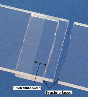 Fig.8. In tensile testing of a lap weld in PMMA made with infrared dye impregnated film at the interface, the failure position is in the parent material at the edge of the weld