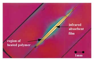 Fig.5. Clearweld® laser weld in PMMA made with infrared absorbent impregnated film at the interface, shown in transmitted light microscopy between crossed polars. Made using a Nd:YAG laser at 100W, 800mm/min with a 6mmdiameter round beam shape.