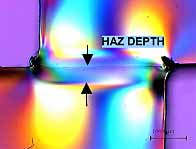 Fig. 6. Selected weld sections from welds listed in Table 2 showing the difference in the size of the HAZ for different deposition procedures and applied laser energy used a) Ink Jet, 9.0J/mm 2 