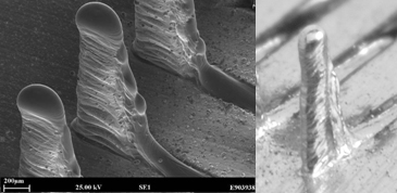 Fig.3. Typical protrusions produced with a 4mm swipe length, 600mm/s swipe speed, 400 swipe repetitions, at focus, Ti-6Al-4V in argon