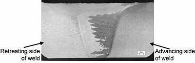Fig.14. Macro photograph taken from the dissimilar butt-weld with the AA7075-T651 material on the advancing side and the AA7020-T651 material on the retreating side