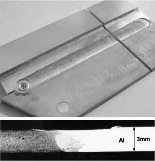 Fig.7. FSW of magnesium alloy (AZ91) to aluminium alloy (AA2219), general view and cross-section