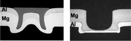 Fig.8. SPR (left) and clinched (right) joints between aluminium (1mm thick) and magnesium (3mm thick) alloys