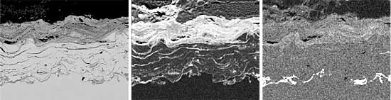 b) inert gas shrouded arc sprayed NiCrTi coatings subjected to 1780hours exposure in a dedicated biomass plant. Nominal coating thickness, 300µm