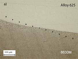 Fig.2. Micro-Vickers hardness survey across the dissimilar interface a) Micrograph showing the interface; 