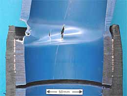 Fig.14. Cross-section through failed whole pipe tensile creep rupture test 