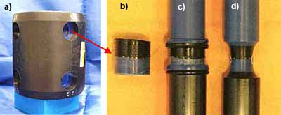 Fig.2. Preparing specimens for the tensile creep test: a) welded EF joint showing positions from where 'cork' specimens were cut, b) 'cork' specimen, c) extension bars hot plate welded to cork specimen, d) final specimen waisted at the electrofusion weld interface