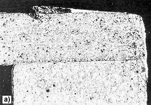 Fig.9. Au-plated flat lid (0.38mm) packages sealed using a.c. power supply at optimum condition (2100A, 2~): 9a) microsection showing braze on outer 50% of sidewall