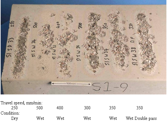 Fig.4. Siliceous aggregate. Laser passes at 4000W using a spot size of 43mm diameter