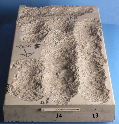 Fig.8. The scabbling process on concrete containing limestone aggregate: