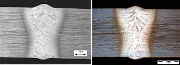Fig.7. Bead on plate (left) and butt (right) welds made at 4.4kW and 1.9m/min in the 5mm thick material