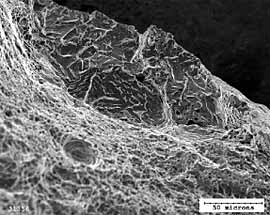 Fig.2. Fracture surface in superduplex weld metal of sample GTAW HT2, which failed from a weld metal flaw