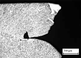 Fig.5. Section along axis of specimen GTAW HT2, showing superduplex weld metal, with inter-run flaw