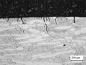 Fig.2. Shallow cracks in superduplex bar F, after 30 days at 774MPa (20% strain during test)