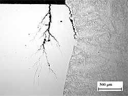Fig.5. Intergranular cracking in the HAZ of weld W1 (pipe A, 12Cr5Ni2Mo) tested in environment A