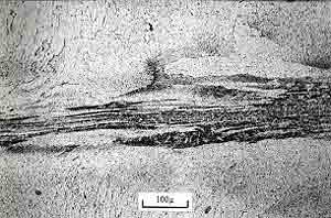 Fig. 7. Microsection of bond line section of friction weld between coarse grained ODS alloy and itself