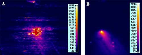 Fig.9. Infra red camera images: a) during laser welding b) just after the laser was turned off, showing the cooling profiles. Temperatures are in °C 