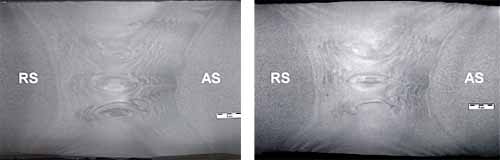 Fig.3. Macrosections from bobbin tool welds at 300mm/min (left) and 500mm/min (right)