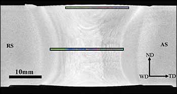 Fig.5. Optical macrograph showing the areas analysed by EBSD, indicated by rectangles at the top and the midsection of the weld 