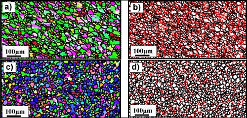 Fig.8a) IPF map with high angle boundaries (>15°) superimposed: b) grain boundary map with red lines representing low angle boundaries (5 to 15°) and black lines high angle boundaries (>15°) for the TMAZ: c) and d) similar maps for the NG