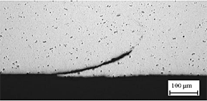 Fig.14. Characteristic root flaw in FSW 2014A caused by using too short a pin in 5083 alloy