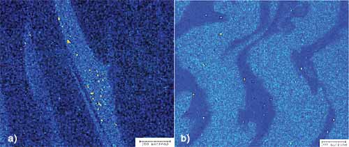 Fig.32. X-ray maps from nugget regions in dissimilar welds (100 µm markers) a) Mg trace for joining 5083-H321 (light) to 6061-T6 (dark); b) Cu trace for joining 2219-T87 (light) to 7075-T6 (dark)