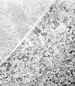 Fig.1b. HAZ and fusion line structure in 11Cr1.5Ni steel welded with 22Cr consumables