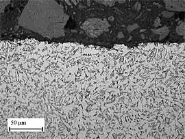 Fig.6. Part of fatigue fracture through specimen H (soft) showing no dependence of crack path on microstructure. Sample etched in 2% nital 