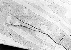 Fig.2. Microstructure of failed hub (top) compared with that of a typical wrought product (below) 