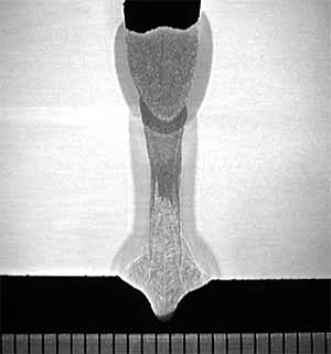 Fig.6. A macrograph of a section of weld in X80 taken from the 12 o'clock position. A subsequent GMA pass has been deposited on top of the hybrid laser/GMA weld