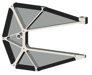 Fig. 4. Composite C-frame showing steel skeleton and outer ring of carbon fibre reinforced composite struts. Near side cover plate removed