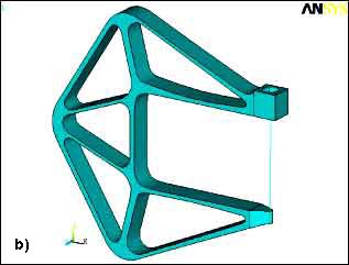 Fig. 9. Conventional type C-frame (a) and ACF450 development (b) compared for out of plane load/deflection modelling