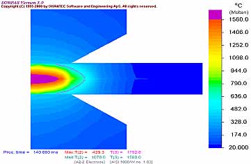 Fig.6. Example of a spot weld model showing temperature distribution Courtesy Swantec