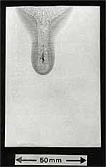 Fig.4. 46mm deep electron beam melt run in low alloy steel made in the flat position at 200kV