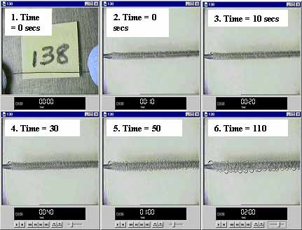 Fig. 2. Image sequence taken from video analysis of coating cast on a biopsy needle (sample no. 138). Wire in image 1. has a diameter of 0.125mm