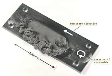 Fig.17. Friction surface deposit. Mild steel deposit showing excess plasticised material (extreme example). Speed - 330rev/min, force 28kN, touchdown 7.5sec, traverse rate 2.0mm/sec