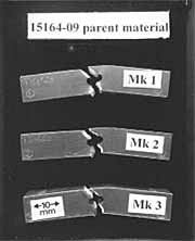 Fig.5. 'Through-hole' impact tests a) Parent material results that gave an average of 31 Joules and showed little bending had occurred