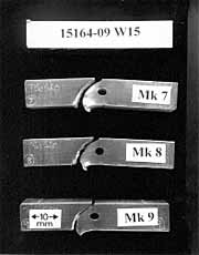 c) Welds with lack of penetration that gave an average of 25 Joules and showed the least amount of bending and did not fracture through the hole 