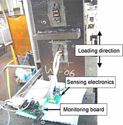 Fig. 3. Fatigue test specimen with two CrackFirst TM sensors 