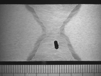 Photomacrograph showing the cross sections of a slag inclusion defect. A millimetre scale is shown