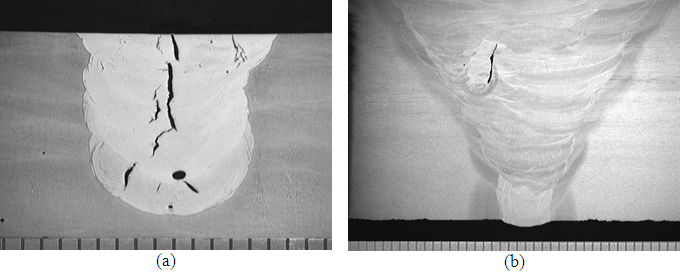 Photomacrographs showing the cross sections of solidification cracks. (a) real defect obtained by manual welding